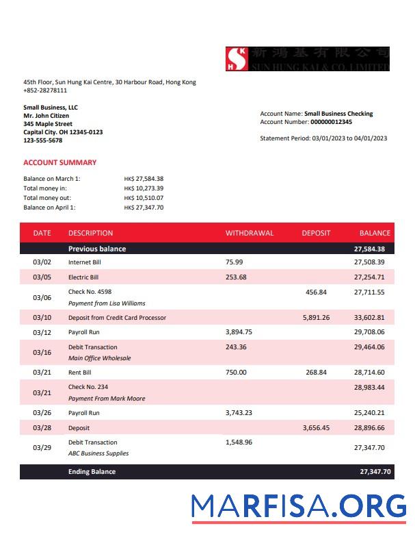 Realistic Sung Hung Kai Bank company account statement Word and PDF template